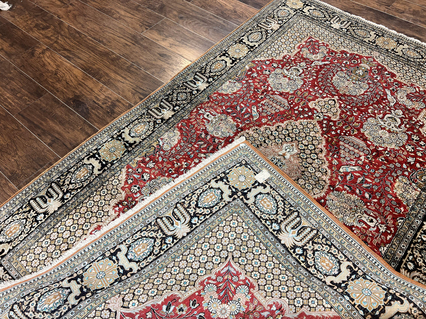 Wonderful Persian Silk Rug 5x7, Birds Floral Vases, Red, Hand Knotted Silk Fine Oriental Carpet, Handmade Vintage, Persian Qum Rug, 400 KPSI - Nuvé