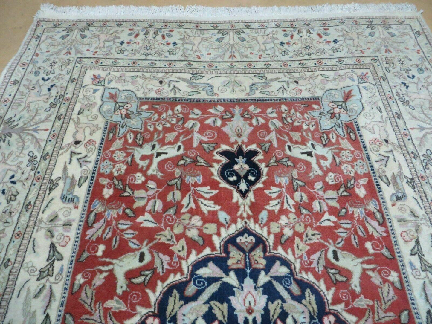 6' X 9' Vintage Handmade India Oriental Floral Wool Rug Hunting Bird Deer Nice - Nuvé