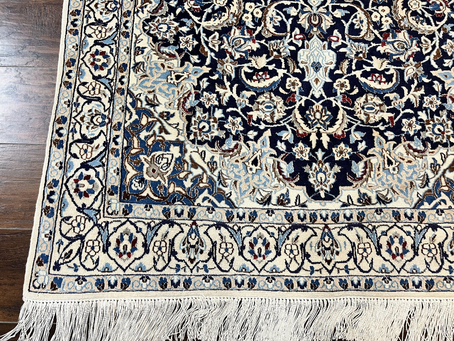 Persian Nain Rug 4x6, Floral, Hand Knotted Vintage Wool & Silk Highlights, Signature from Masterweaver, Navy Blue and Ivory - Nuvé