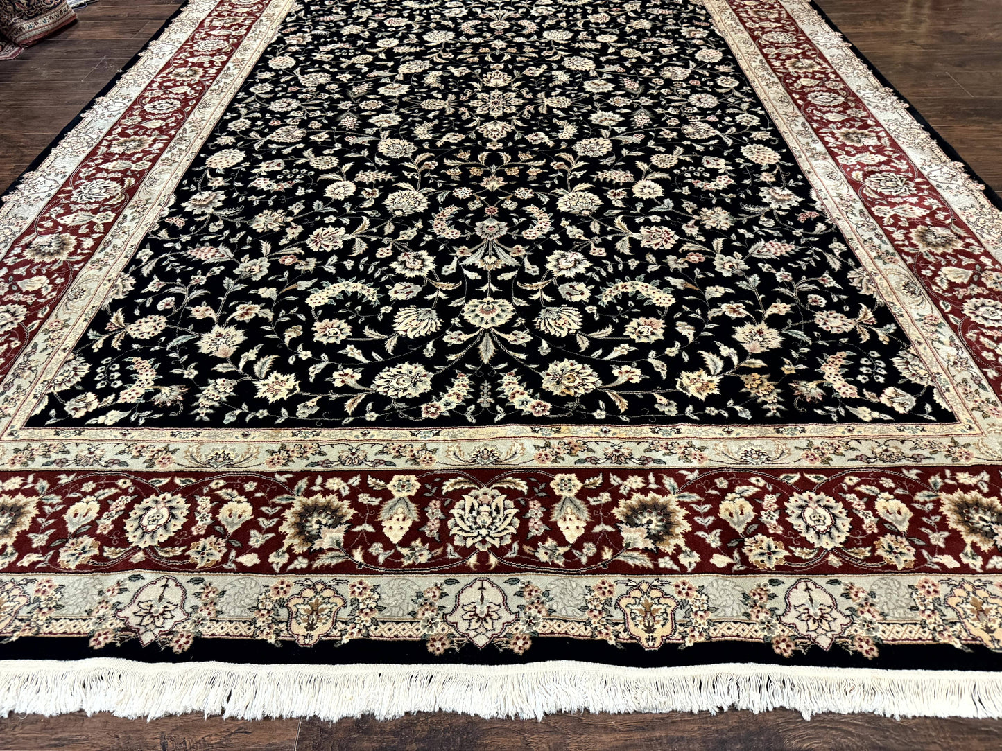 Sino Persian Rug 9x12, Fine Elegant Oriental Carpet 200 KPSI, Black and Dark Red, Allover Floral - Nuvé