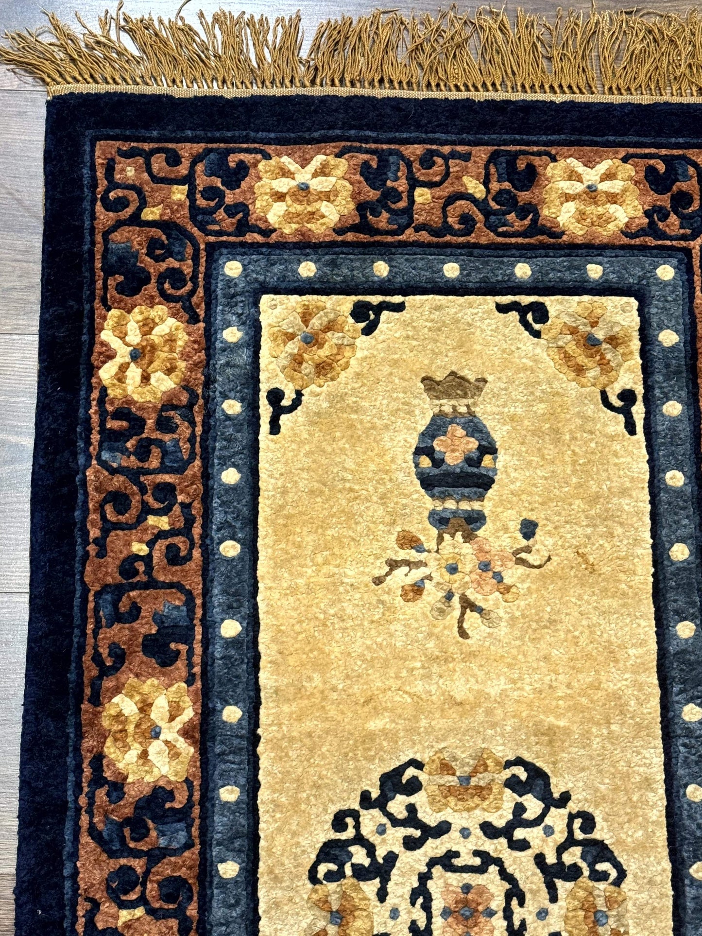 Silk Chinese Rug 2x4, Peking Carpet, Golden-Beige and Blue, Hand Knotted, Simple Design - Nuvé