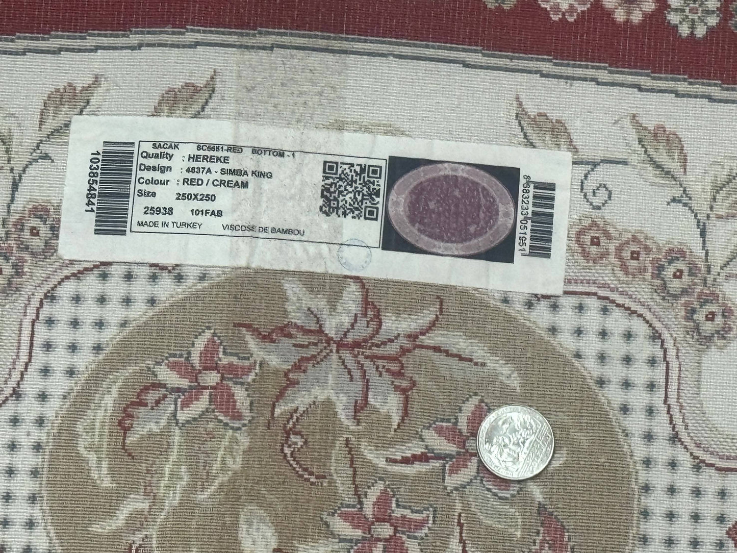 Large Round Turkish Silk Rug 8x8, Hunting Design, Dark Red & Ivory, Bamboo Silk - Nuvé