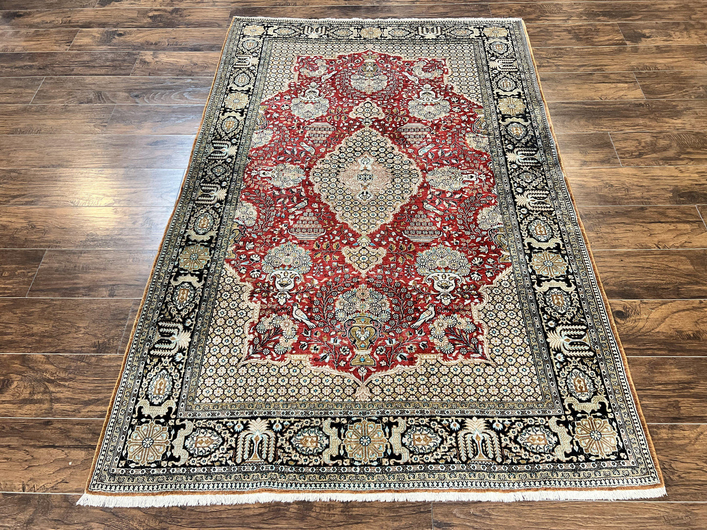 Wonderful Persian Silk Rug 5x7, Birds Floral Vases, Red, Hand Knotted Silk Fine Oriental Carpet, Handmade Vintage, Persian Qum Rug, 400 KPSI - Nuvé