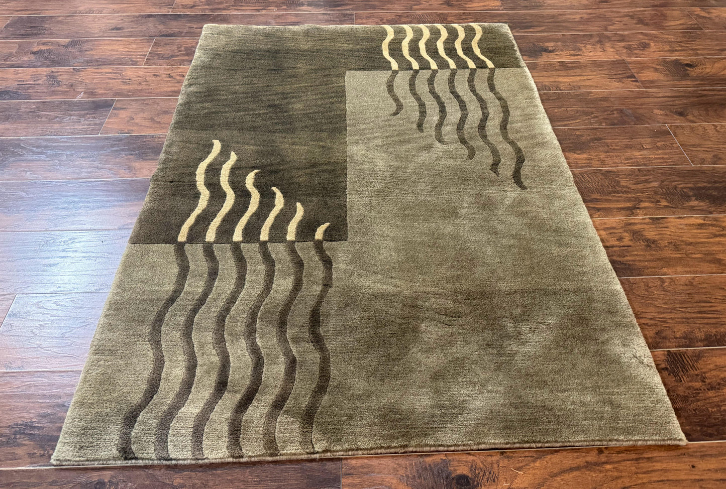 Modern Tibetan Wool Rug 3.6 x 5.6, Shades of Green, Abstract Design - Nuvé