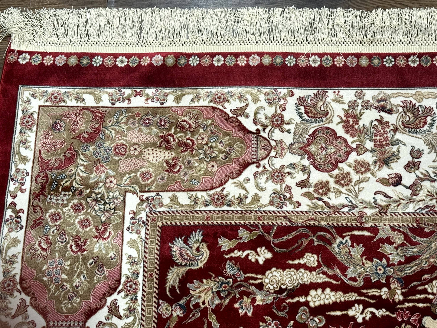 Turkish Silk Hunting Scene Rug 5 x 7.6, Red & Ivory, Bamboo Silk, New - Nuvé