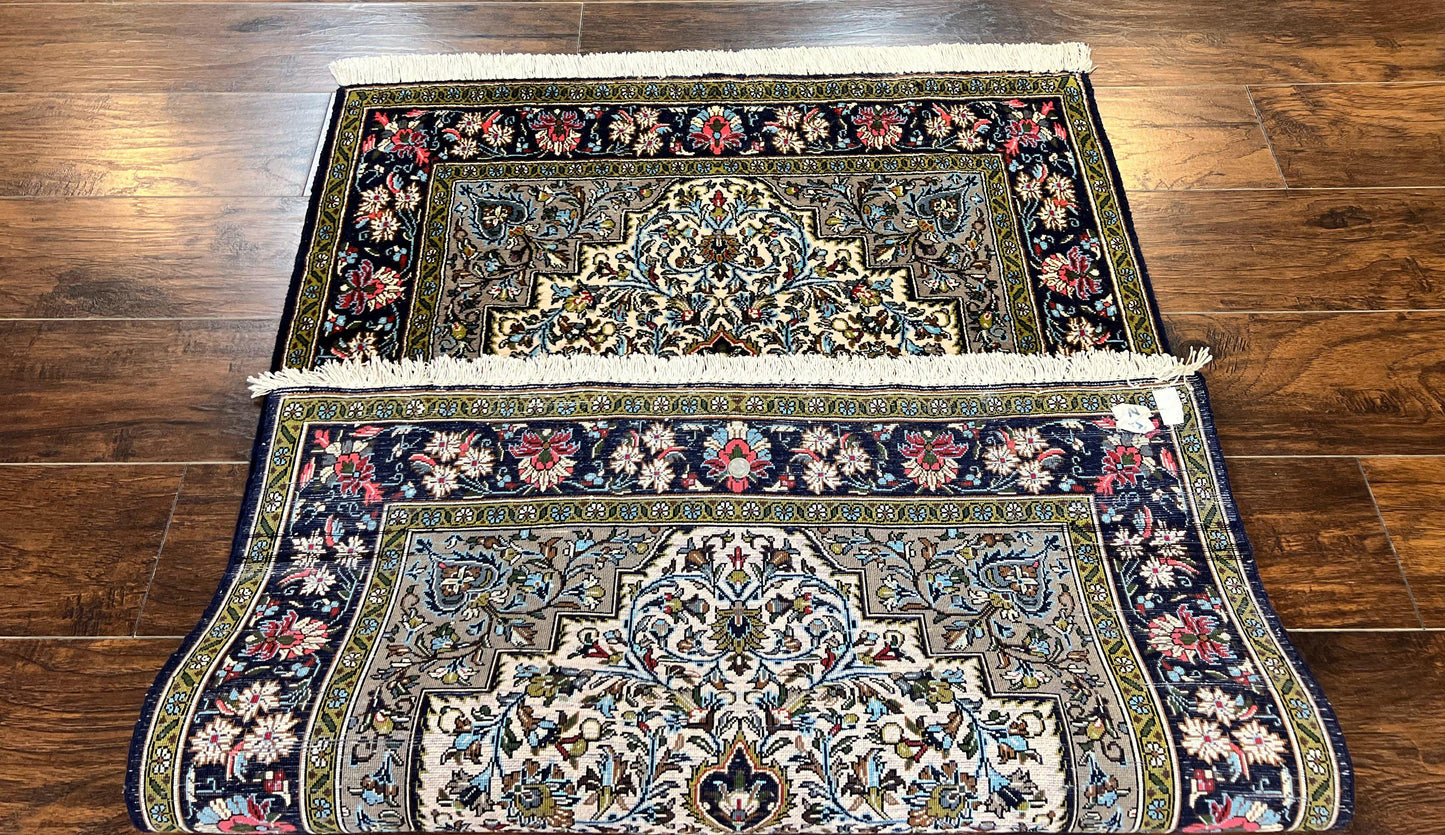 Persian Qum Rug 3x5, Wool with Silk Highlights, Handmade Semi Antique Carpet, Ivory & Navy Blue, Floral Medallion, Finely Hand Knotted - Nuvé