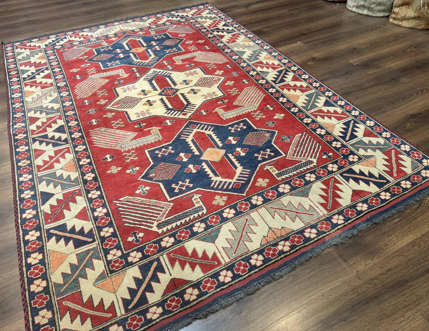 Turkish Kazak Rug 6x8, Caucasian Design, Geometric Medallions, Red Blue Beige - Nuvé