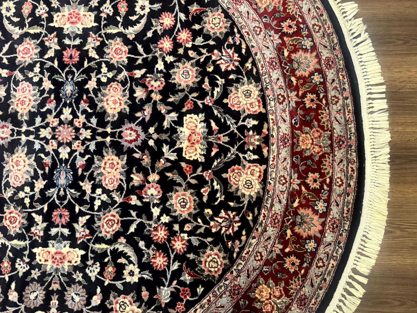 Round Sino Persian Rug 6x6, Floral, Navy Blue and Red, Wool and Silk Highlights - Nuvé