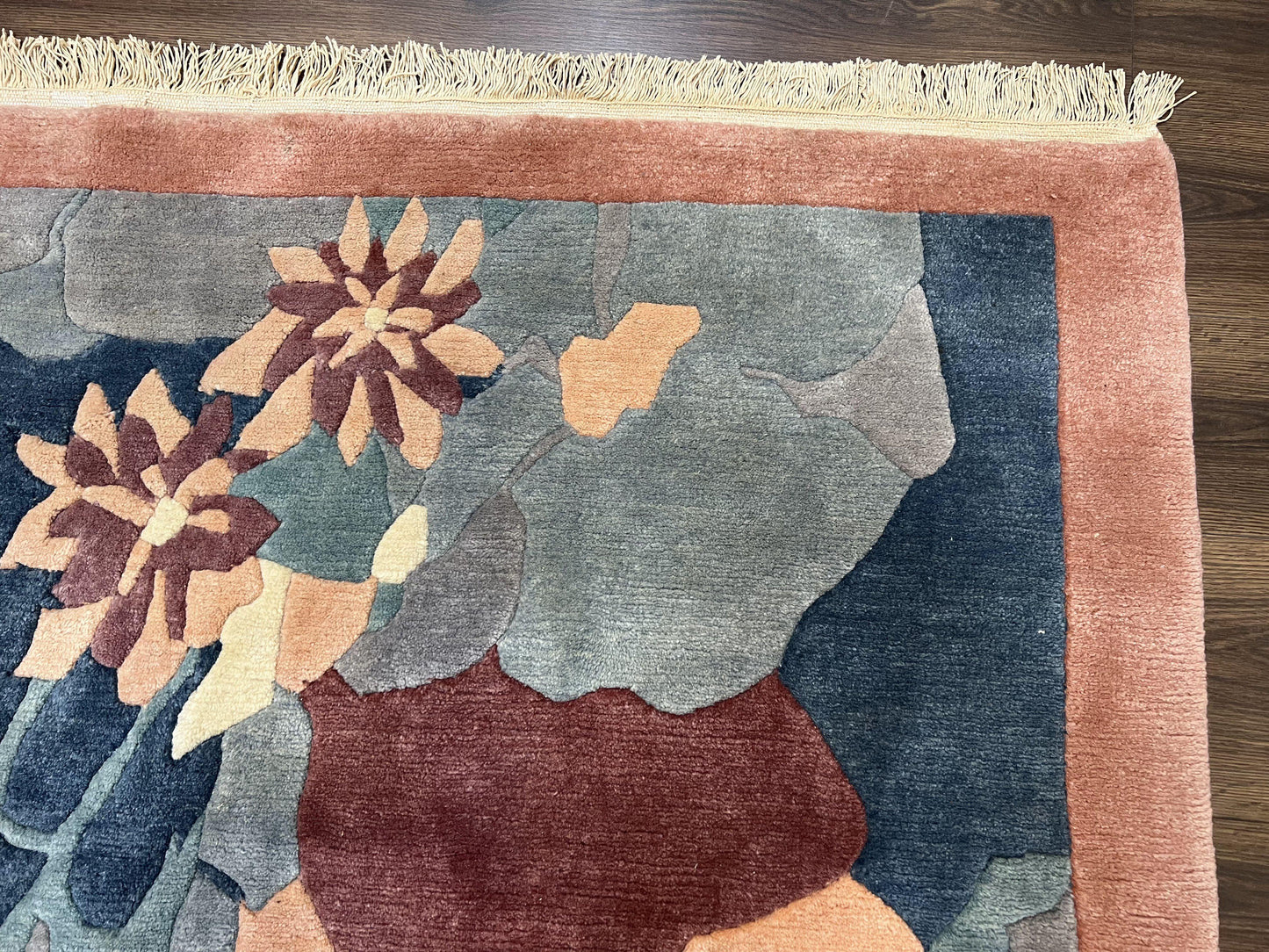 Modern Tibetan Rug 5.7 x 7.9, Abstract Multicolor Flower Pattern, Navy Blue Maroon Salmon, Soft Wool, Hand Knotted Contemporary Carpet 6x8 - Nuvé