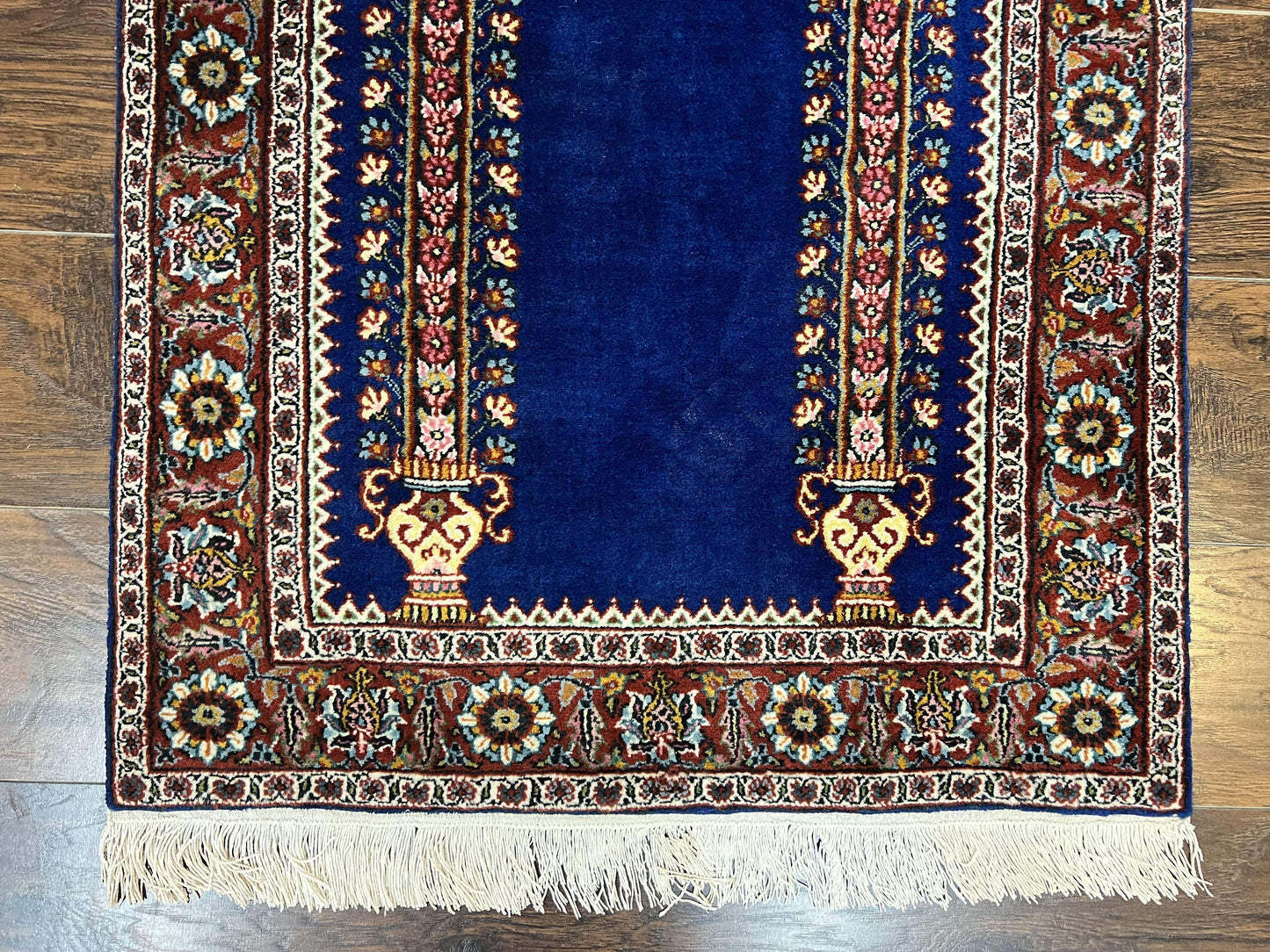 Indo Persian Prayer Rug 3x5, Fine Oriental Carpet, Dark Blue and Red, Vintage Hand Knotted Handmade Prayer Rug - Nuvé