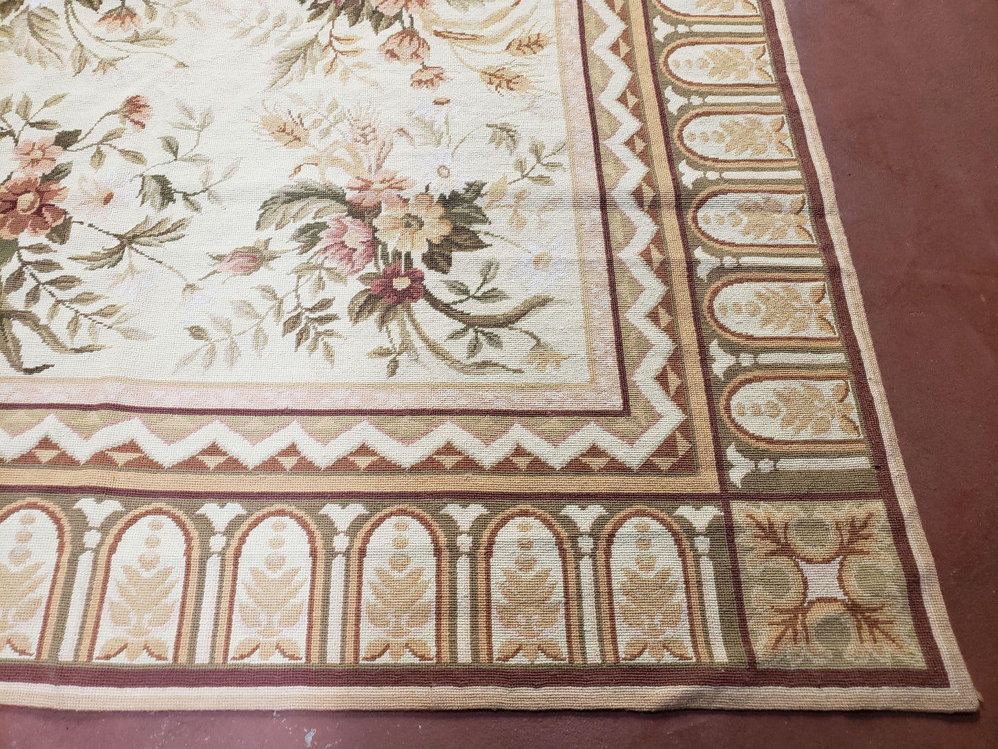 Needlepoint Rug 8x10 Aubusson Rug Victorian Floral Rug Handmade French Style French Decor Garden Panel Beige 8 x 10 Area Rug 100% Wool - Nuvé