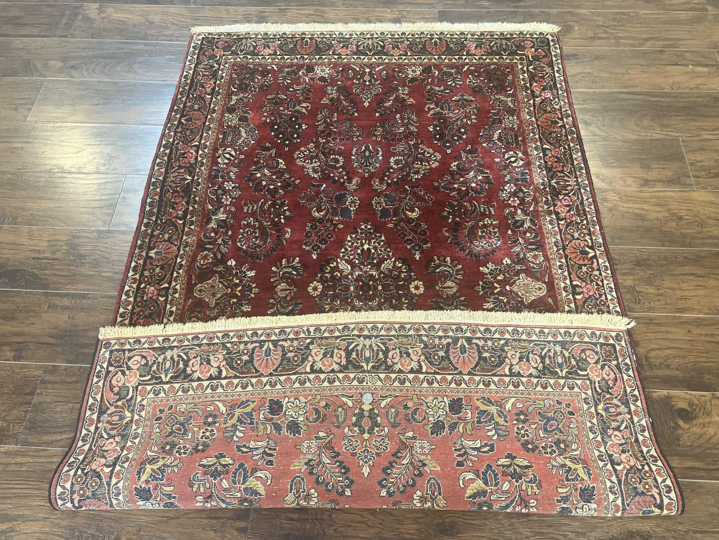 Antique Persian Sarouk Rug 4x7, Hand Knotted Wool Red Persian Carpet, Floral - Nuvé