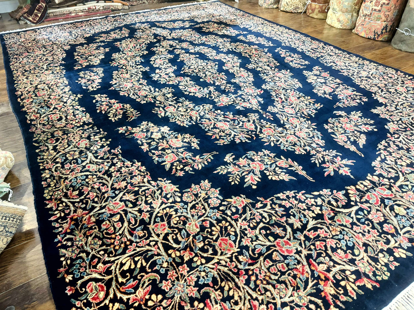 Antique Persian Kerman Rug 10x13, Navy Blue Floral Carpet, Fine 270 KPSI - Nuvé