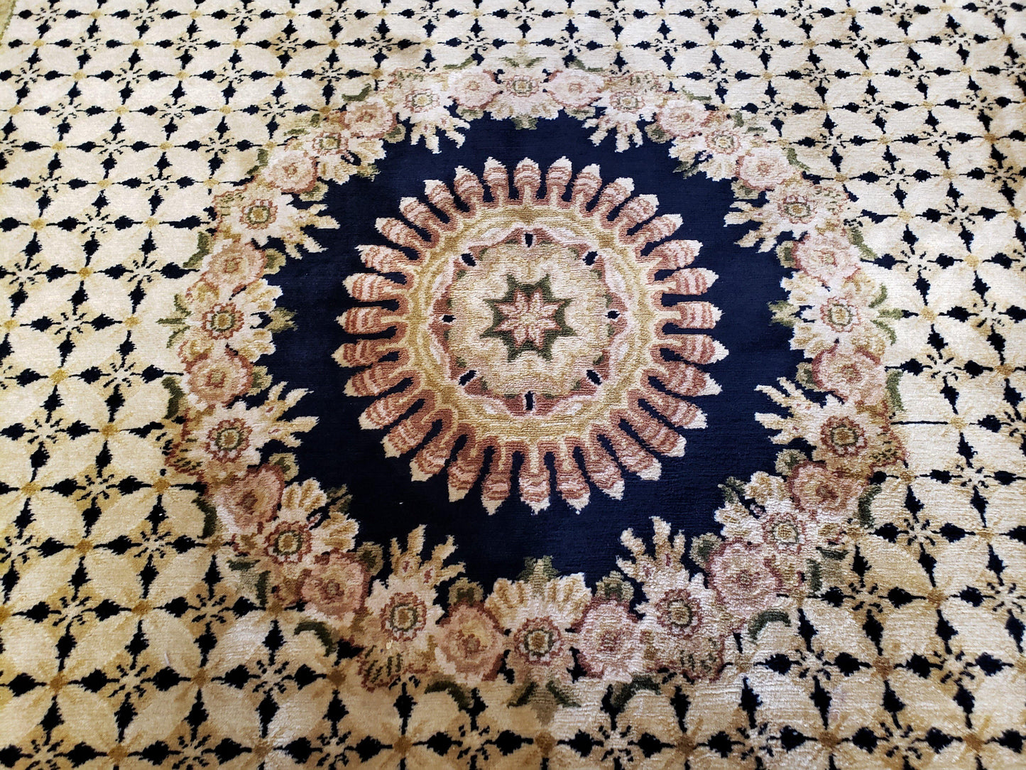Indian Rug with Tibetan Weave, 6x8 - 6x9 Rugs, Indo-Tibetan Rug, Black and Cream Beige Tan, Floral Border, Soft Rug, Handmade Area Rug, Wool - Nuvé