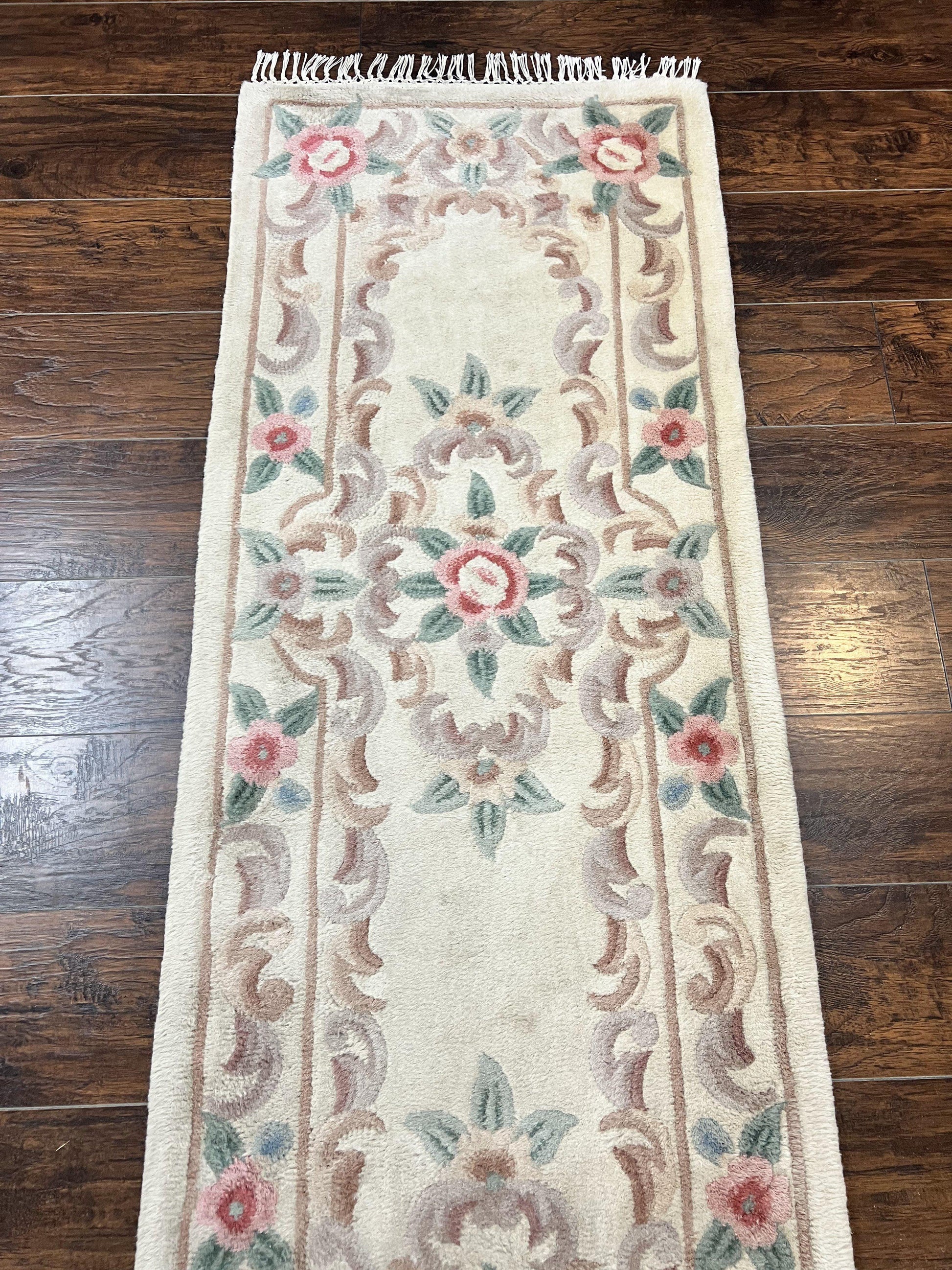 Chinese Aubusson Runner Rug 2.4 x 11, Hand Tufted Beige Floral European Design Hallway Rug, Elegant Rug, Vintage Wool Rug 11ft Long - Nuvé