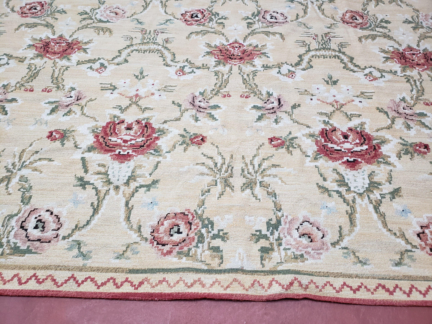 Needlepoint Rug 10x14 Wool Flatweave Carpet, English Floral Pattern, Pale Yellow, Roses, Allover Pattern, Handmade Large Needlepoint Nice - Nuvé