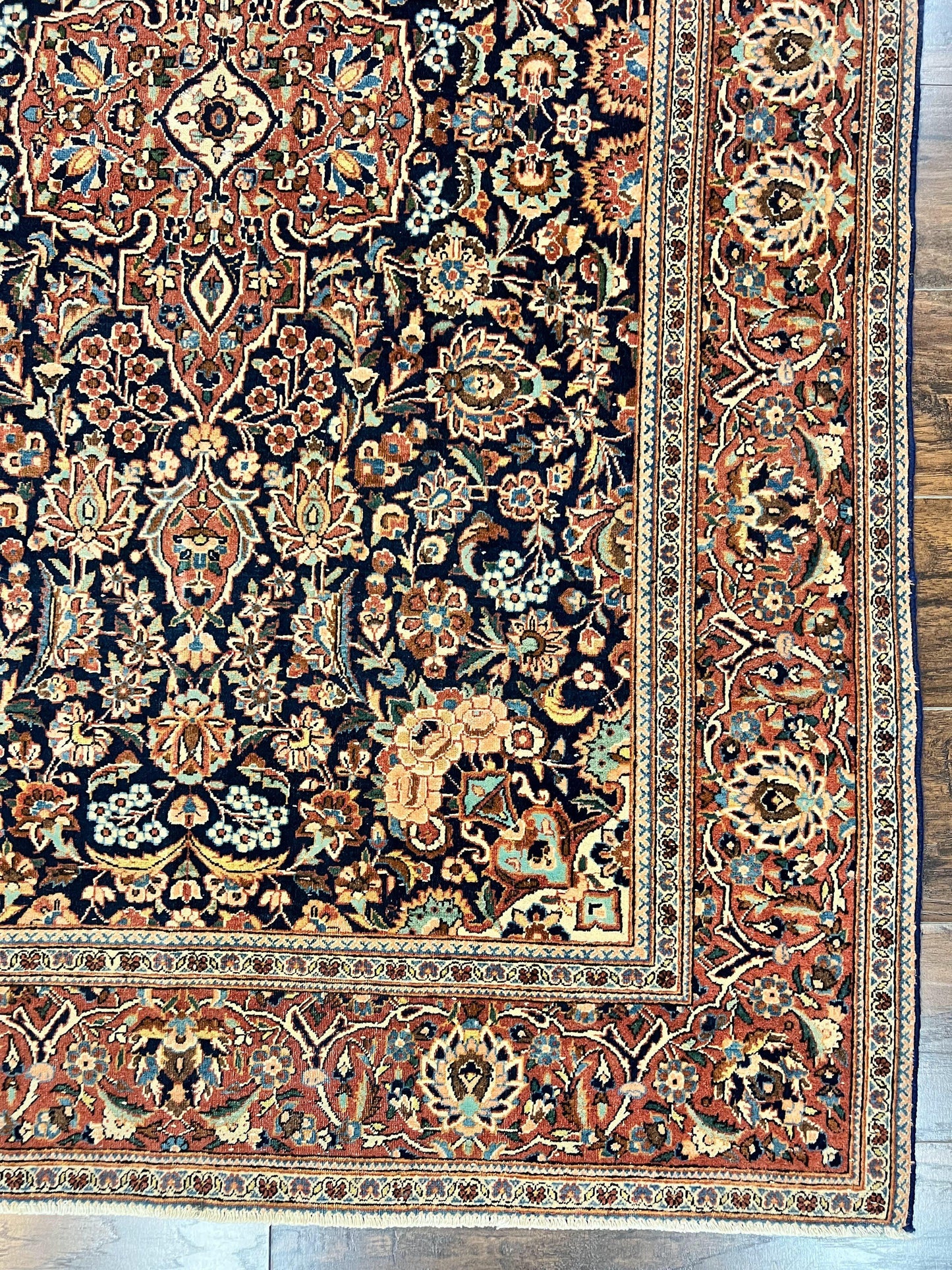 Persian Kashan Rug 4x7, Floral Medallion Vintage Handmade Hand Knotted Navy Blue & Red Wool Oriental Carpet, Highly Detailed Semi Antique Rug - Nuvé