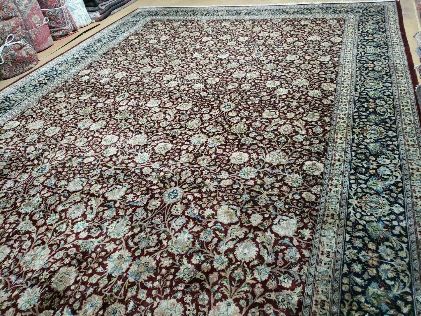 Persian Rug 9x12, Floral Allover, Very Fine, Handmade, Room Sized Oriental Carpet, Sino Persian, Maroon and Navy Blue - Nuvé