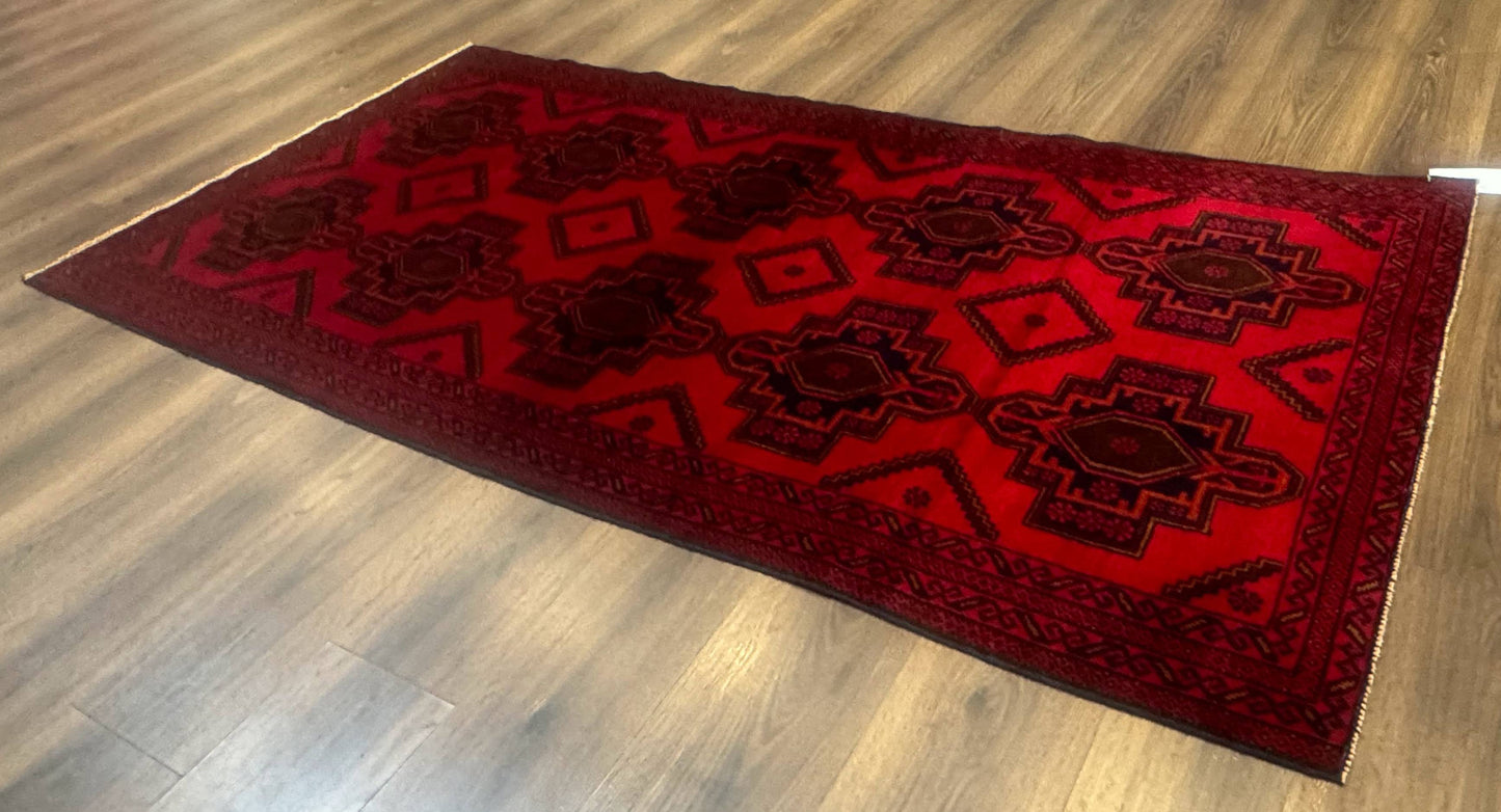 Afghan Rug 4x7, Tribal Carpet, Balouch Rug, Red and Navy Blue, Repeated Medallions, New - Nuvé