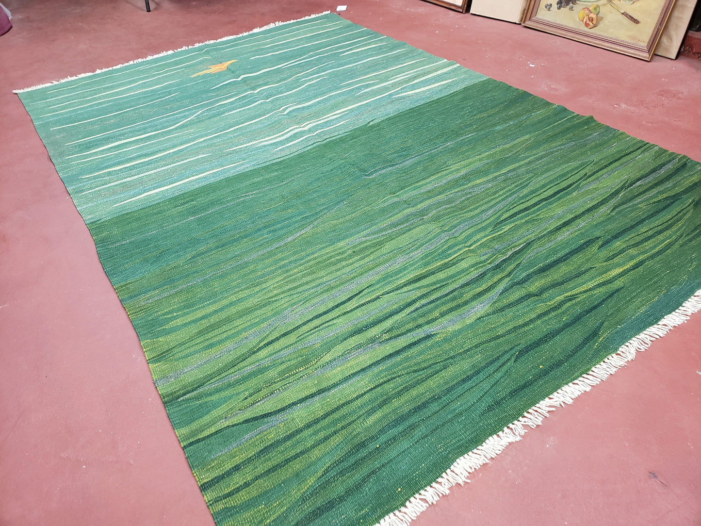 Green Turkish Kilim Rug, 6x9 - 7x10 Rugs, Bird, Handmade New Area Rug, Wool, Bohemian Boho Decor, Hand Woven, Modern Abstract Flat Weave Rug - Nuvé