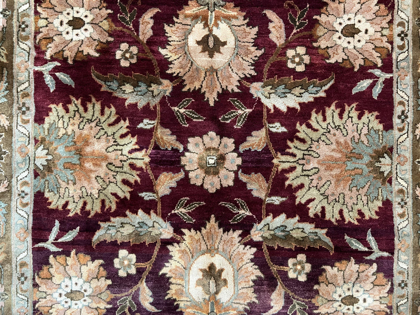 Indo Mahal Rug 6x9, Large Flowers Allover, Maroon and Green, Handmade Wool Area Rug, Vintage Rug, Indian Oriental Carpet, Hand Knotted Rug - Nuvé