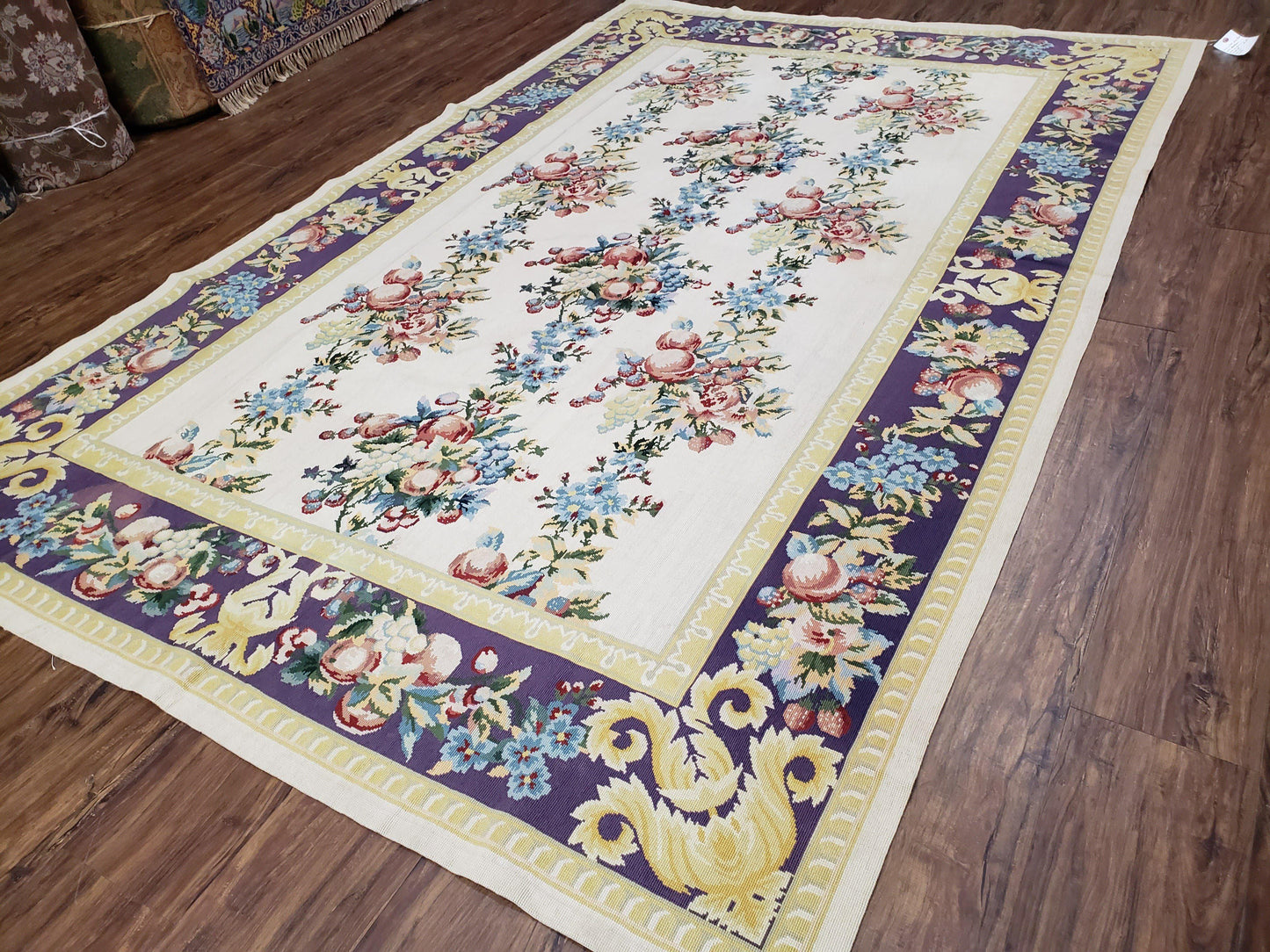 Vintage Chinese Floral Needlepoint Area Rug 6x9, Wool Hand-Woven Handmade Flatweave Rug, Ivory & Purple, Fruits Grapes Apples, Dining Room - Nuvé