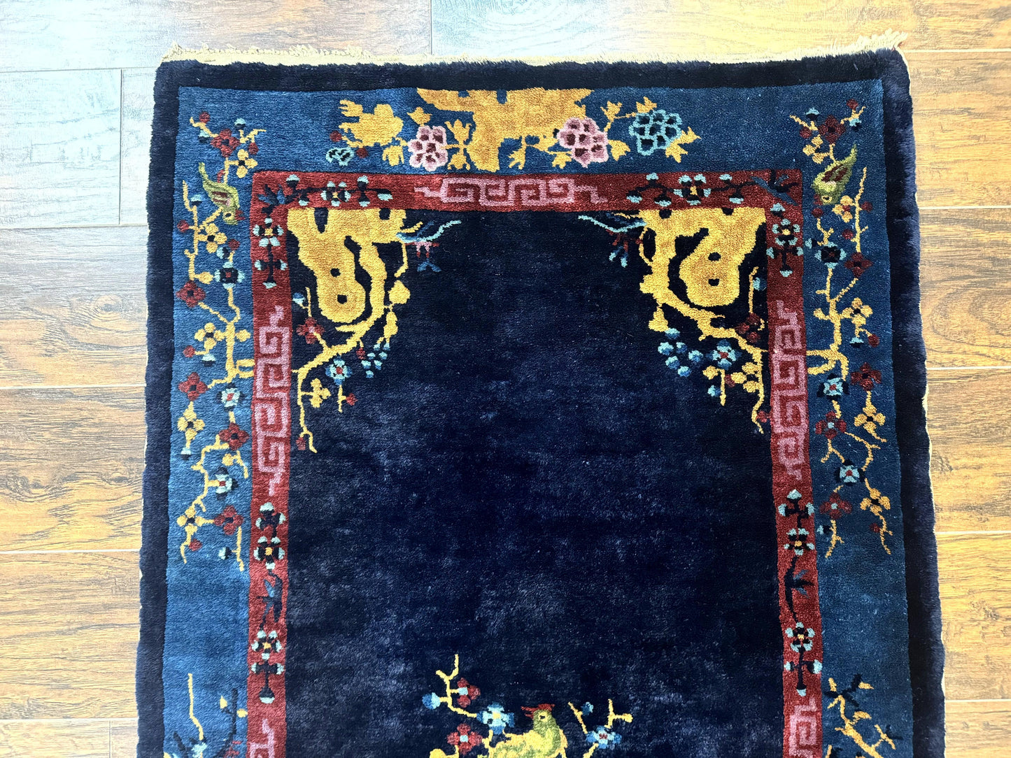 Antique Chinese Peking Rug 3x6, Dark Blue, Bird Motif, Handmade Wool Art Deco Asian Oriental Carpet, Pair A - Nuvé