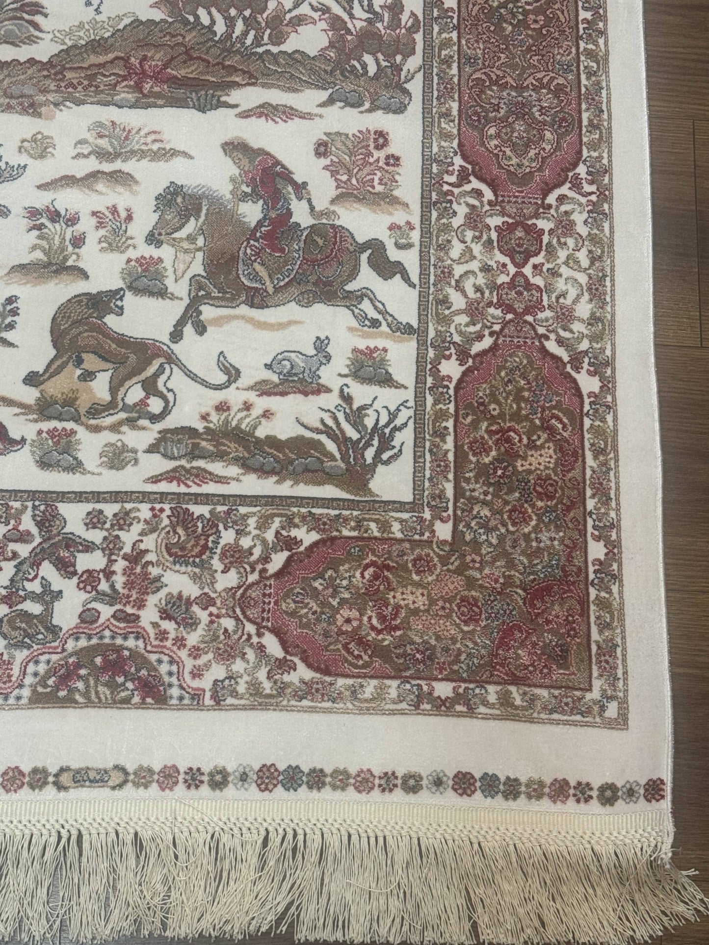 Long Turkish Silk Runner Rug 2.6 x 16.5, Hunting Design, Ivory, Bamboo Silk, New - Nuvé