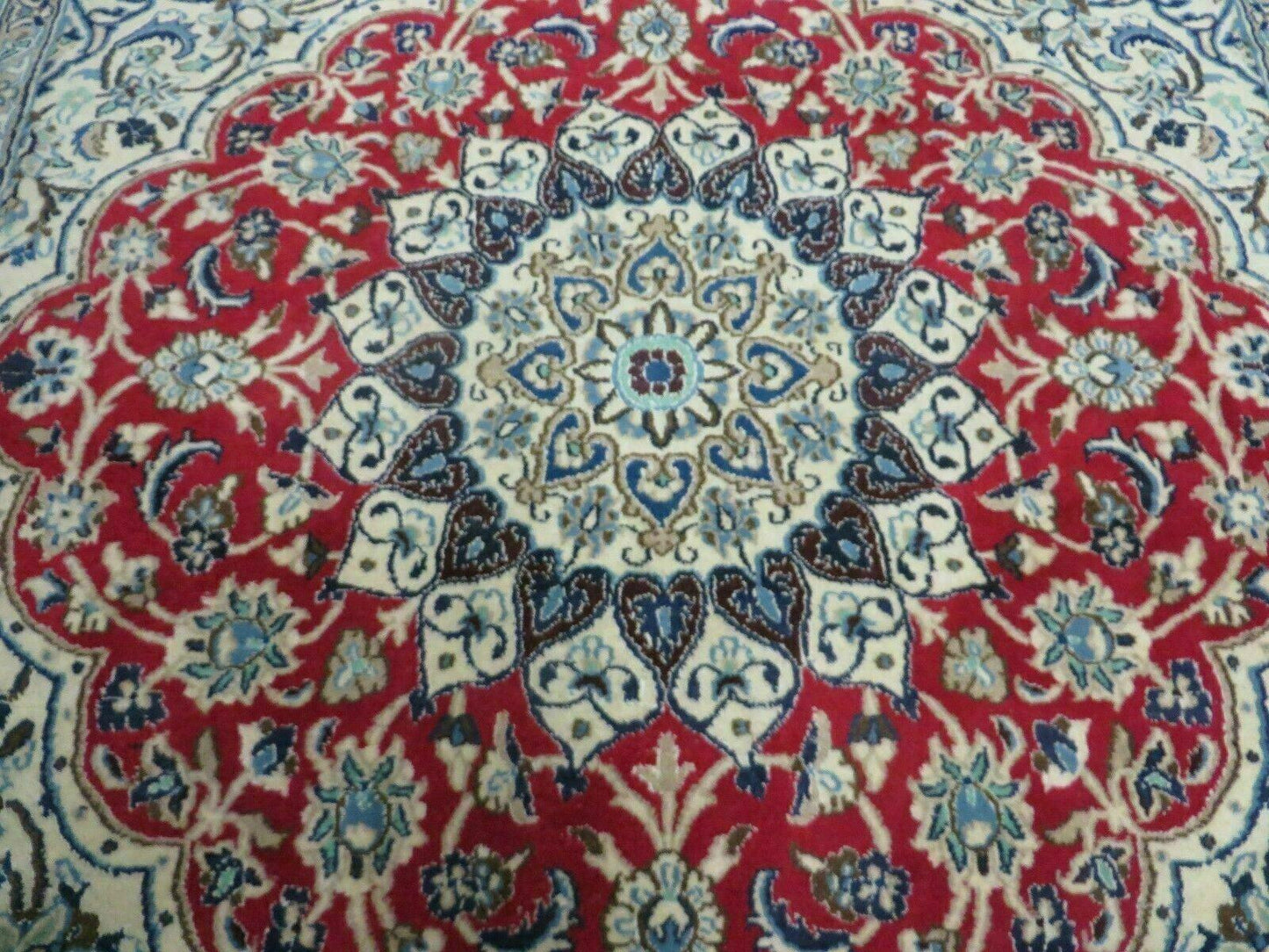 Square Persian Nain Rug 6.3 x 6.8, Hand-Knotted Wool with Silk Accents, Ivory Red Blue - Nuvé