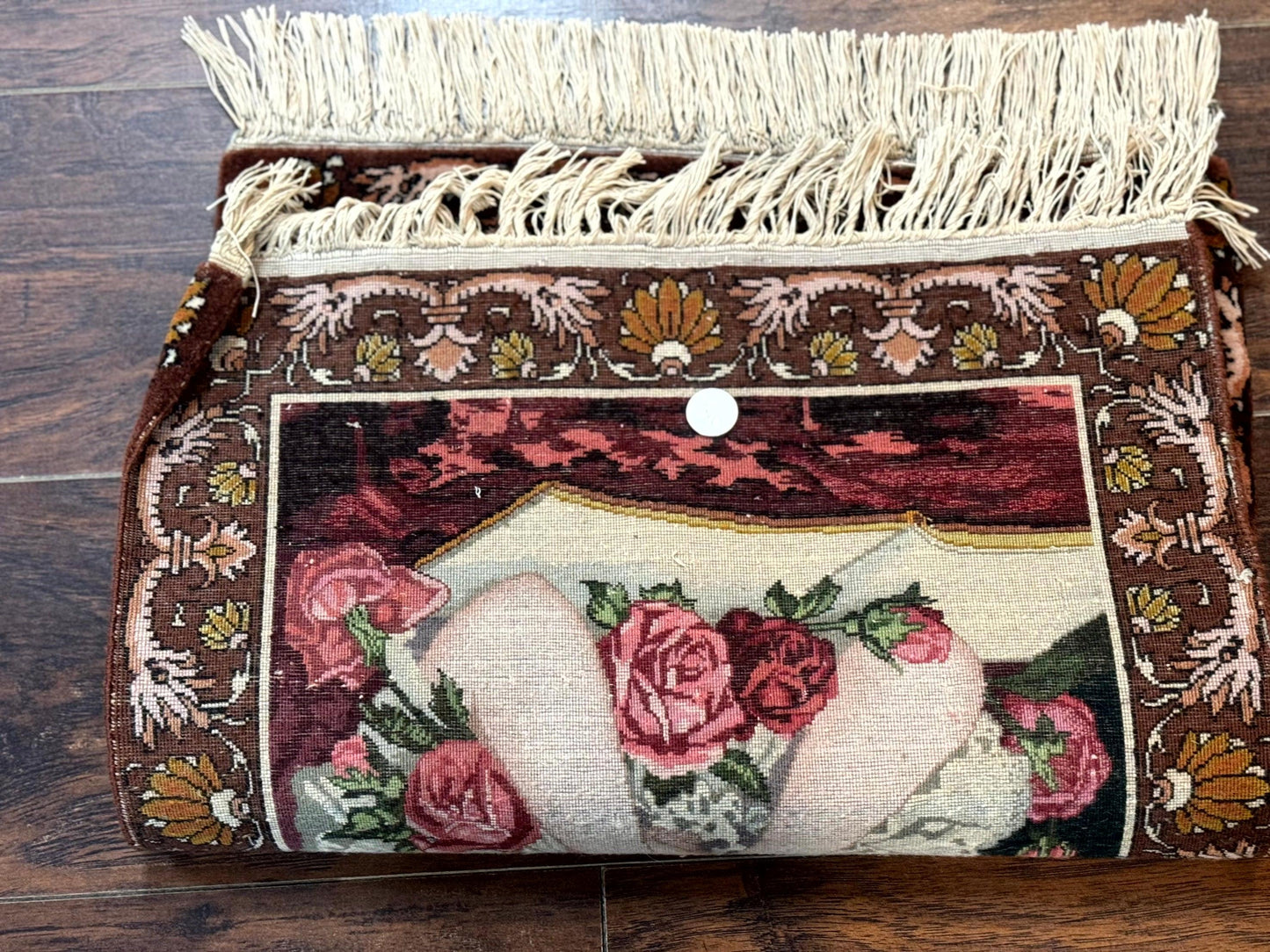 Small Persian Tabriz Pictorial Rug of Young Girl, Very Fine 380 KPSI, Portrait of Young Lady with Roses, Handmade, Persian Rug for Wall Hanging - Nuvé