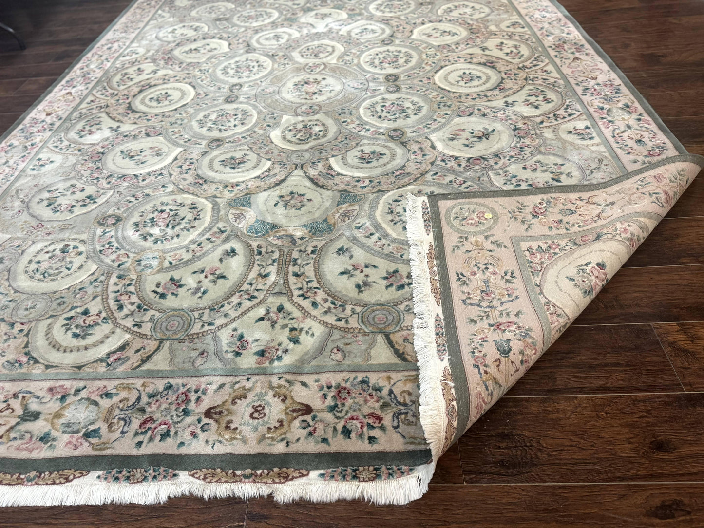 Pak Persian Rug 9x12, Wool with Silk Highlights, European Design, Floral, Green - Nuvé