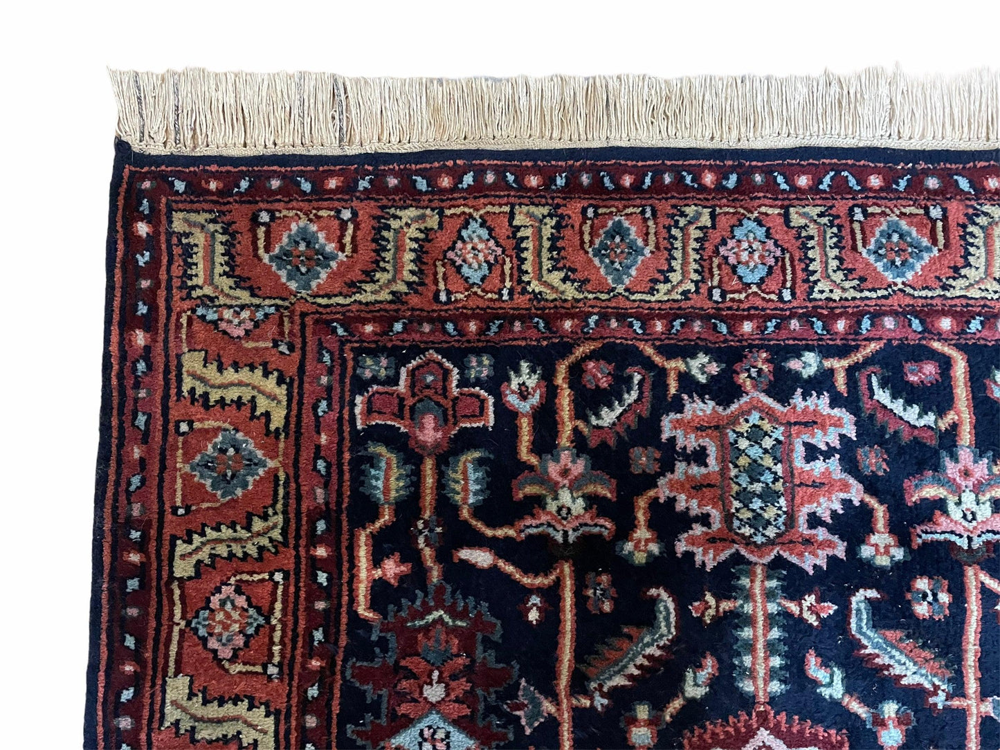 4x6 Vintage Handmade Wool Geometric Rug Organic Dyes Blue Red Hand-Knotted Rug - Nuvé