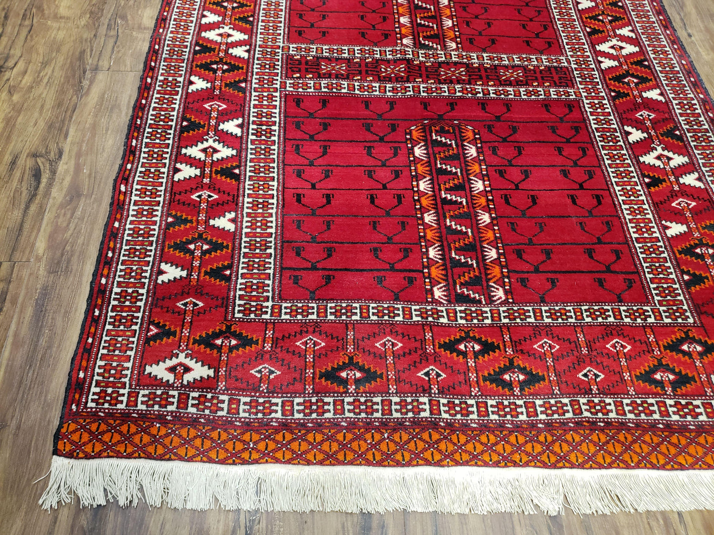 Antique Persian Turkoman Rug 4x5, Hatchli Tekkeh Ersari Red Tribal Rug, Handmade Wool Oriental Carpet, Four Seasons Rug - Nuvé