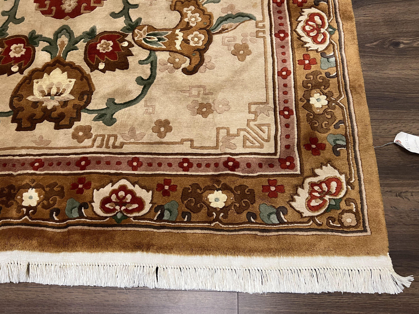 Chinese Wool Rug 5.9 x 9, Tan and Brown Asian Art Deco Carpet, Vintage 1960s Oriental Rug, Hand-Knotted Rug, Soft Wool, Medallion, Pair B - Nuvé
