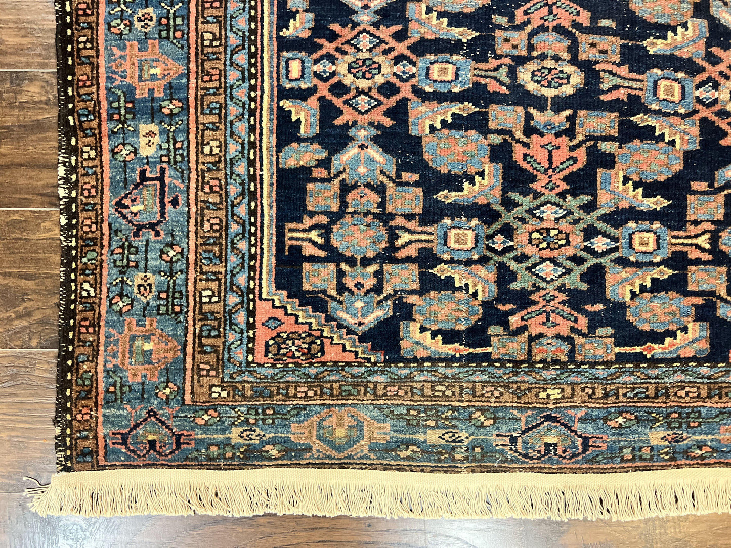 Antique Persian Tribal Rug 5x7, Navy Blue & Pink, Hand Knotted Handmade 1920s Wool Rug, Allover Pattern, Persian Hamadan Rug - Nuvé
