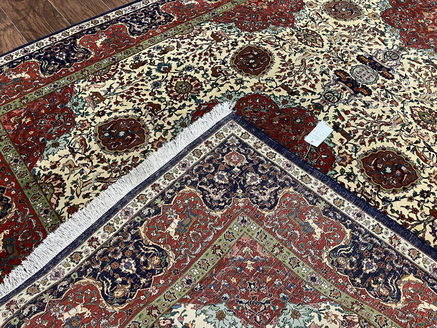 Wonderful Sino Persian Rug 6x10 with Animal Pictorial Motifs, Cream Dark Red Navy Blue, Birds Gazelles, Two Medallions, Top Quality Handmade - Nuvé
