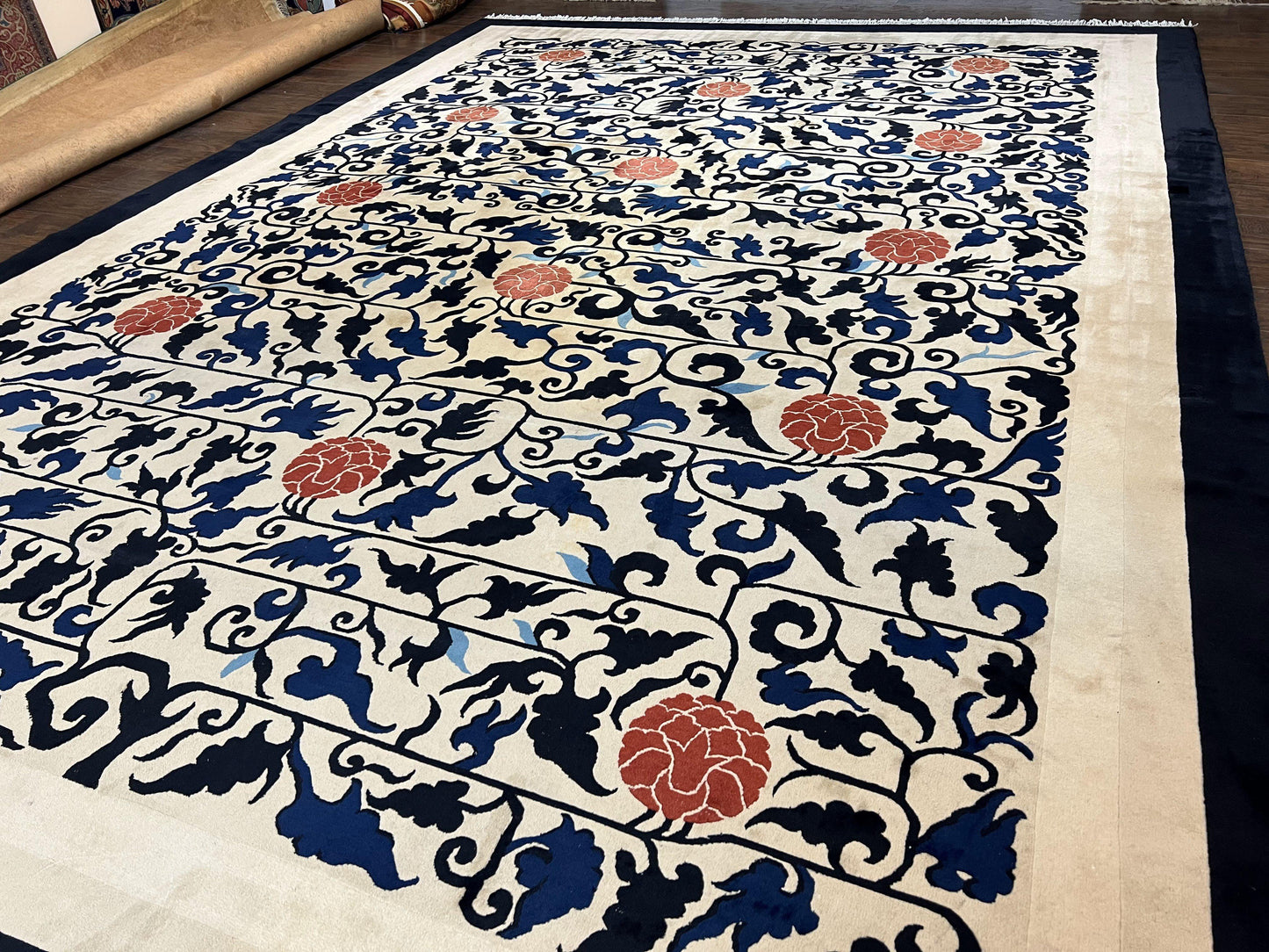 Antique Chinese Peking Rug 10x14, Beige Black, Handmade Wool Art Deco Carpet - Nuvé