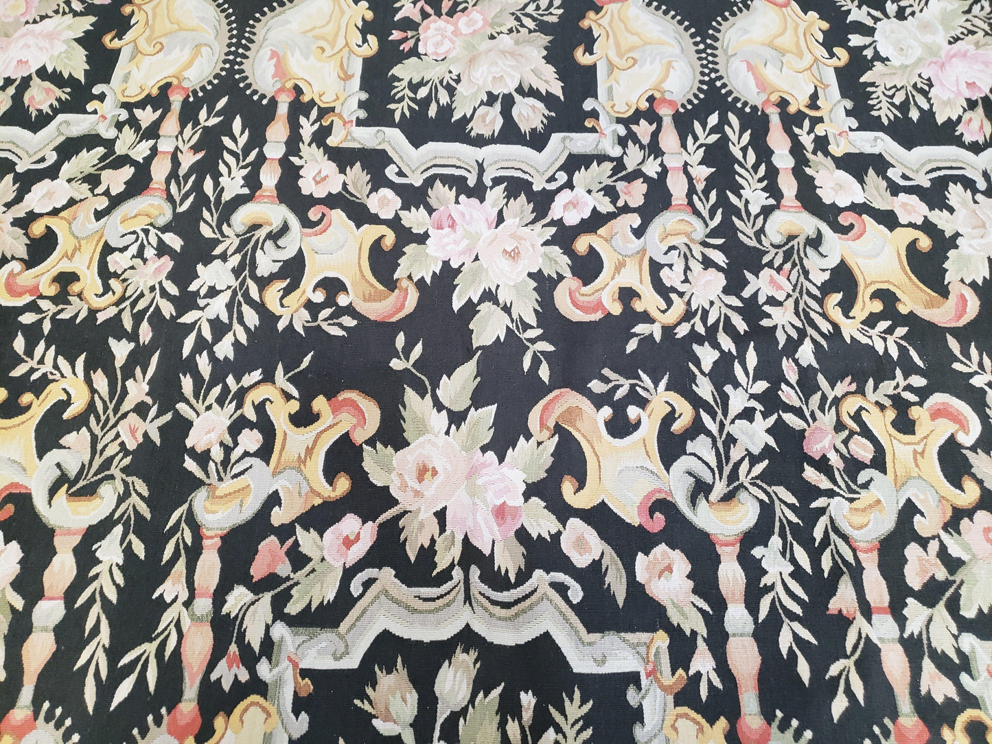 Vintage Black Aubusson Area Rug 8x10, Large Flowers Chinese Aubusson Carpet 7.9 x 10, Wool Hand-Knotted Floral Pattern Flat Weave Rug Nice - Nuvé