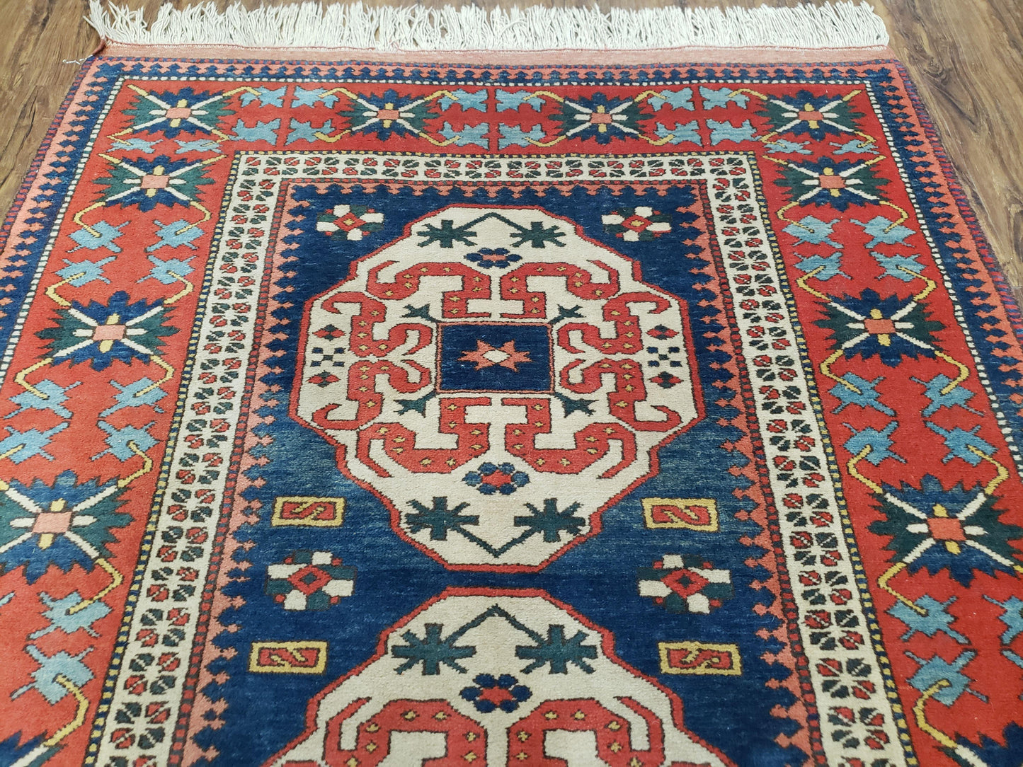Turkish Kazak Rug 5x6 Vintage Handmade Wool Carpet Geometric Blue Red - Nuvé