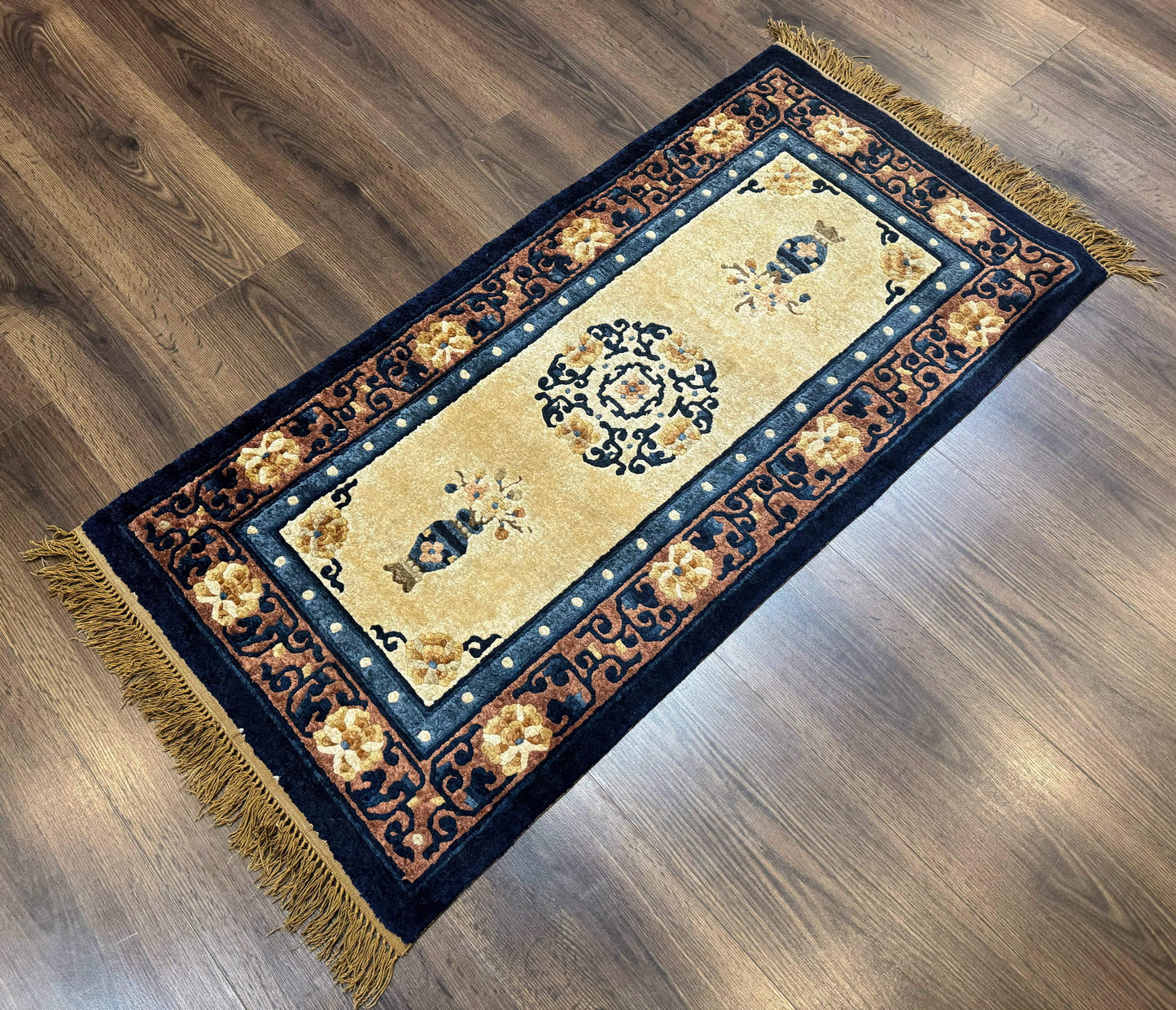 Silk Chinese Rug 2x4, Peking Carpet, Golden-Beige and Blue, Hand Knotted, Simple Design - Nuvé