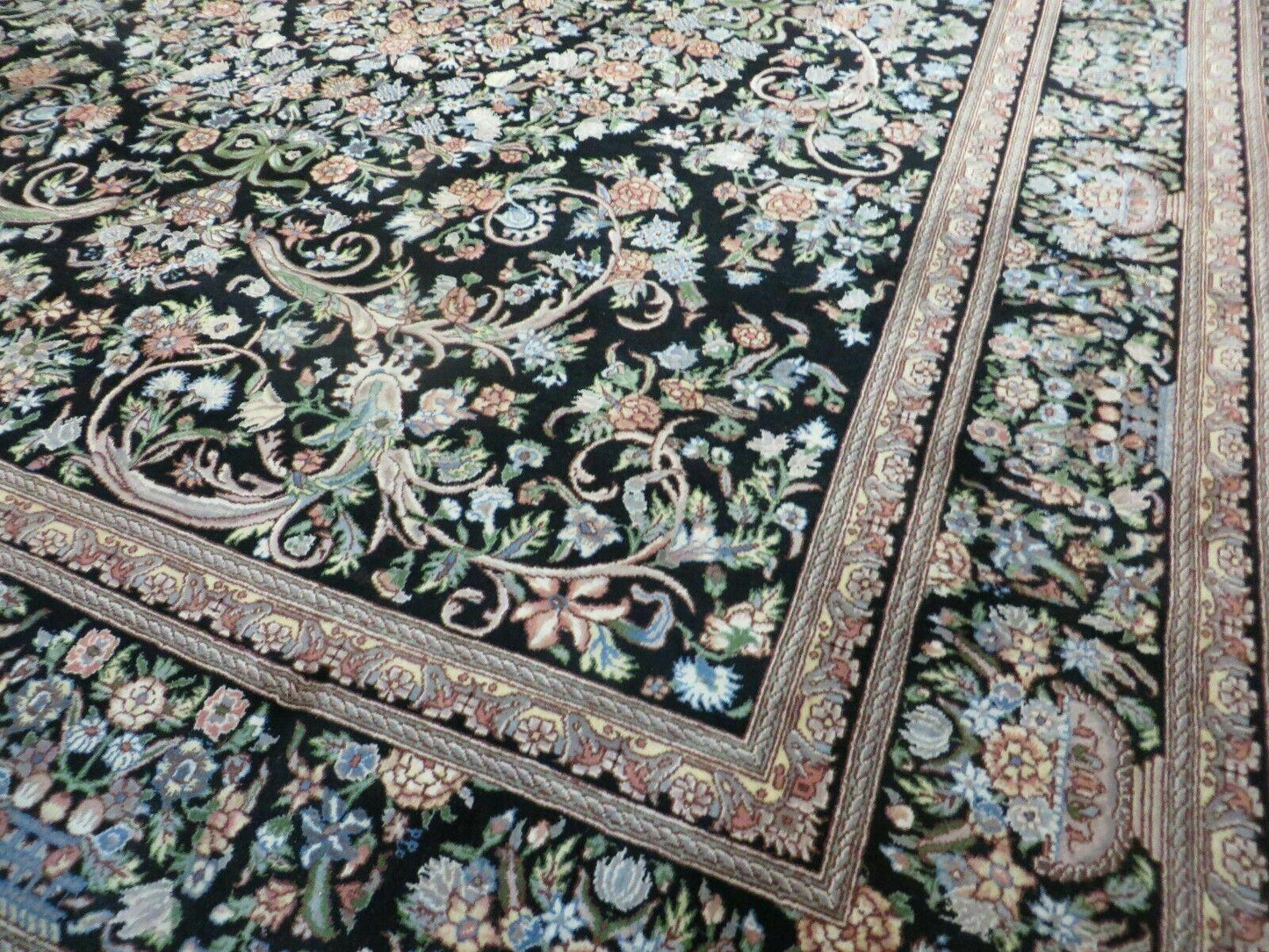 8' X 10' Vintage Handmade Pakistani Floral Wool Rug Black Nice - Nuvé