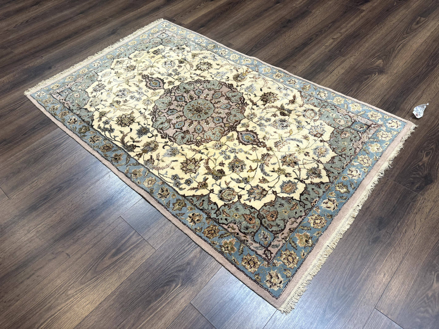 Persian Isfahan Rug 3x5, Fine 310 KPSI, Kork Wool Silk Foundation, Cream & Light Green - Nuvé