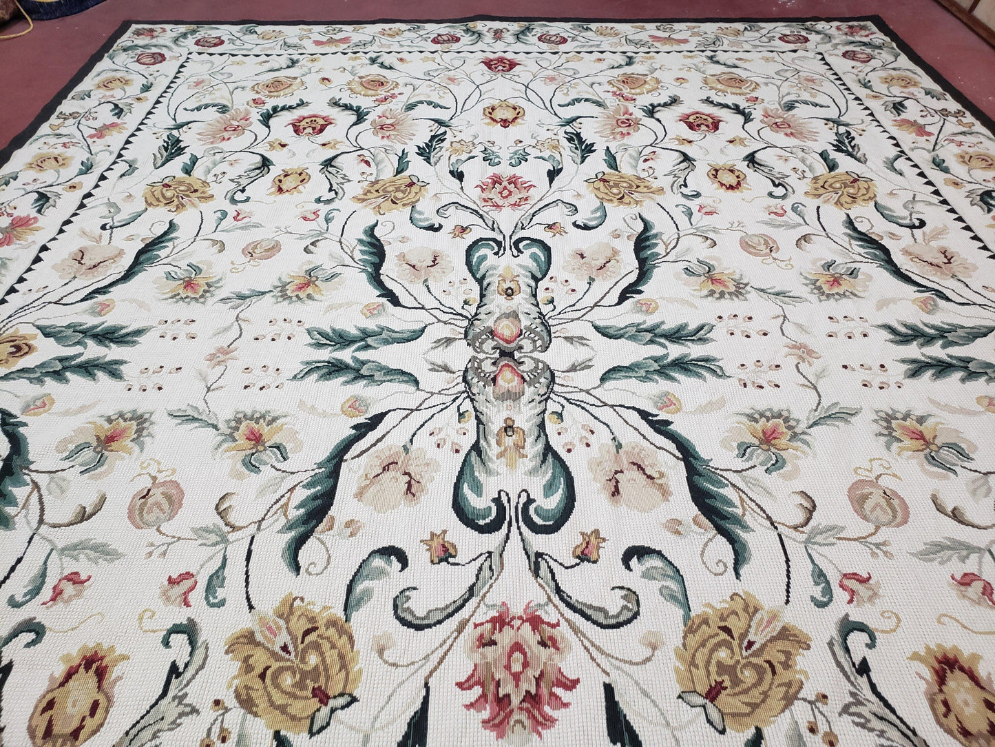 New Needlepoint Rug 9x12, Hand Woven Wool Area Rug, Flatweave Carpet, Handmade Chinese Needlepoint, Floral European Design, Ivory Background - Nuvé