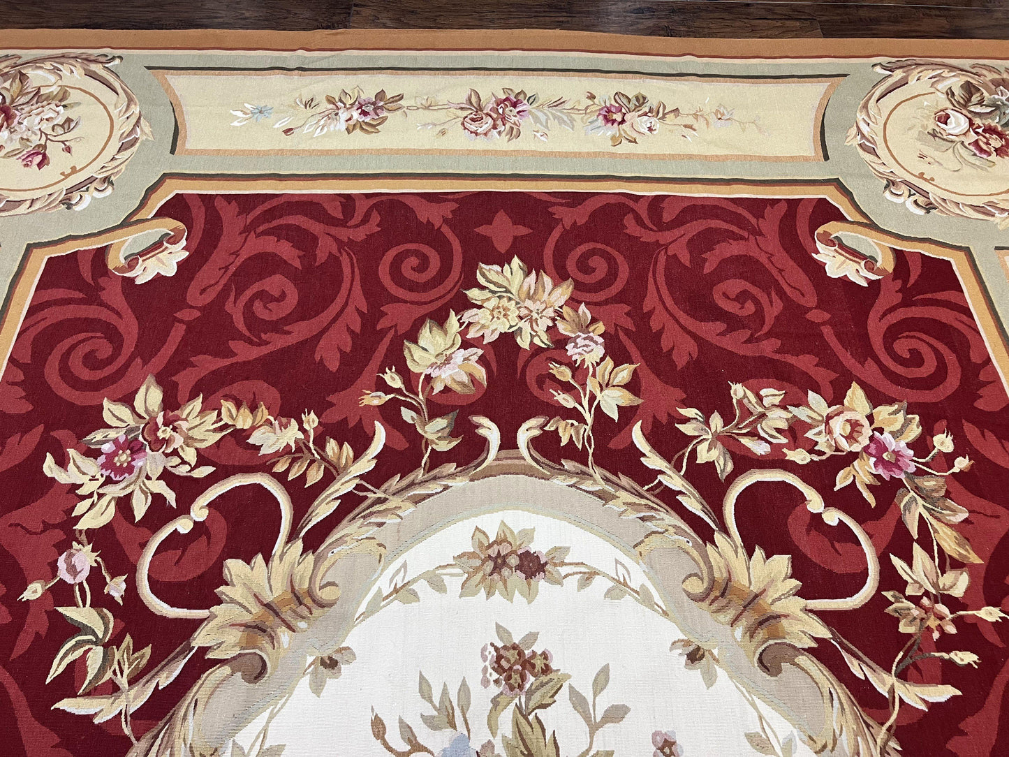 Large Aubusson Rug 10x14, Wool Handmade Vintage Carpet, Dark Red Ivory Tan, French European Elegant Aubusson Weave Rug - Nuvé
