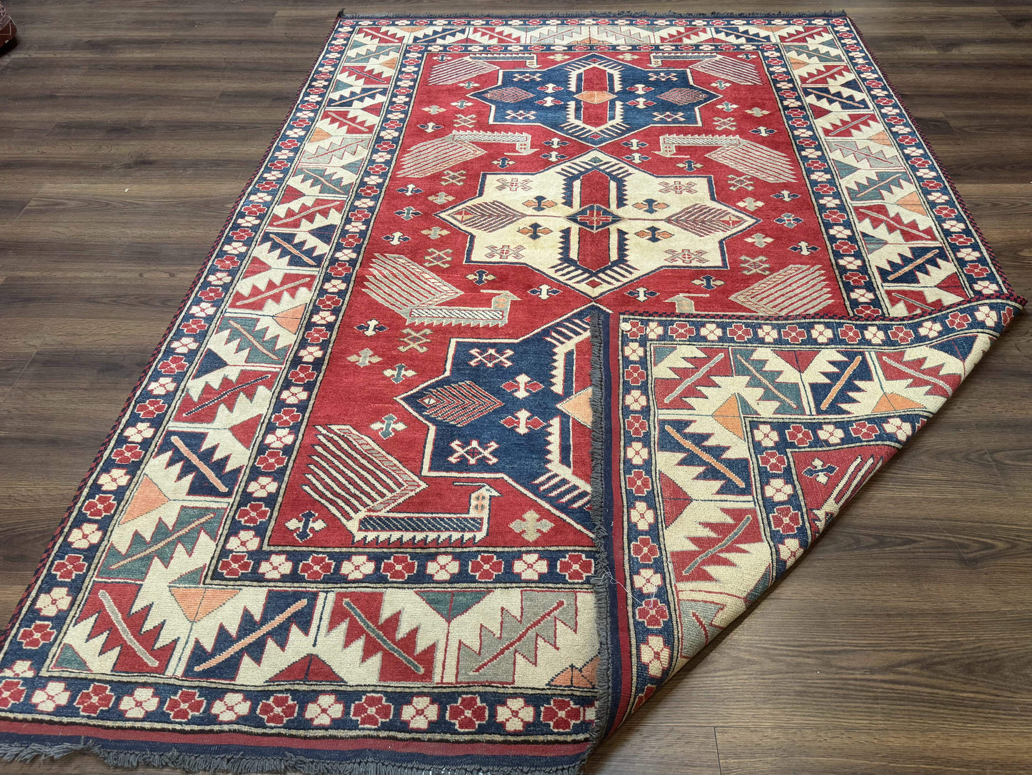 Turkish Kazak Rug 6x8, Caucasian Design, Geometric Medallions, Red Blue Beige - Nuvé