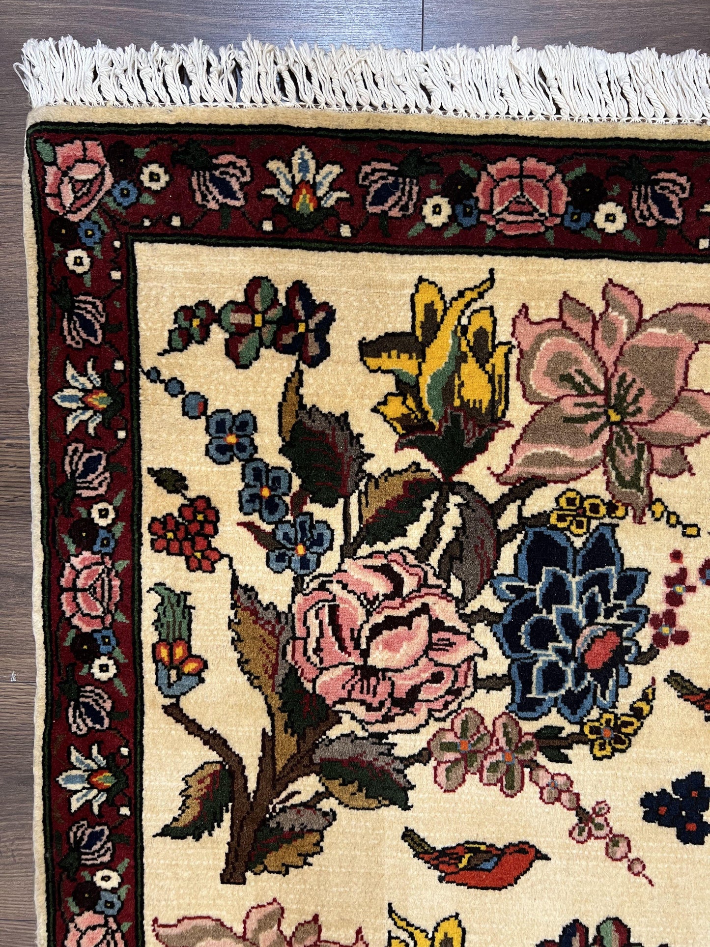 Persian Bidjar Rug 3.6 x 5 ft, Repeated Floral Motifs, Roses and Birds, Cream Burgundy, Fine Wool Oriental Bijar Carpet, Vintage Traditional Area Rug - Nuvé