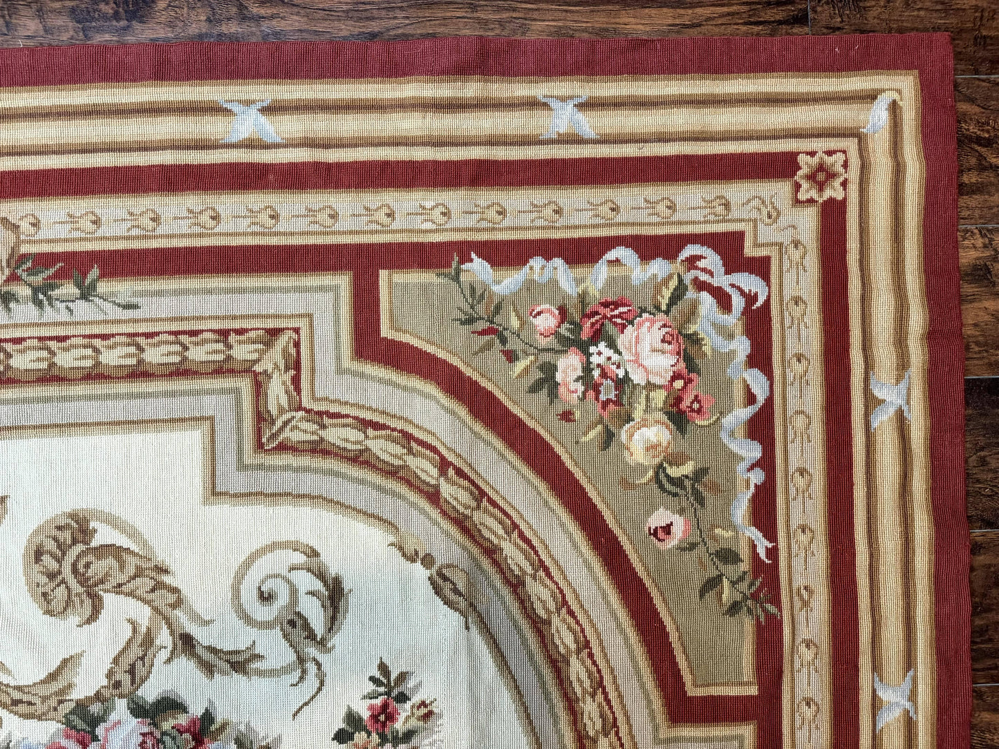 Aubusson Needlepoint Rug 9x11, Handmade Vintage Wool Flatweave Carpet, Elegant European Rug, Floral, Cream - Nuvé