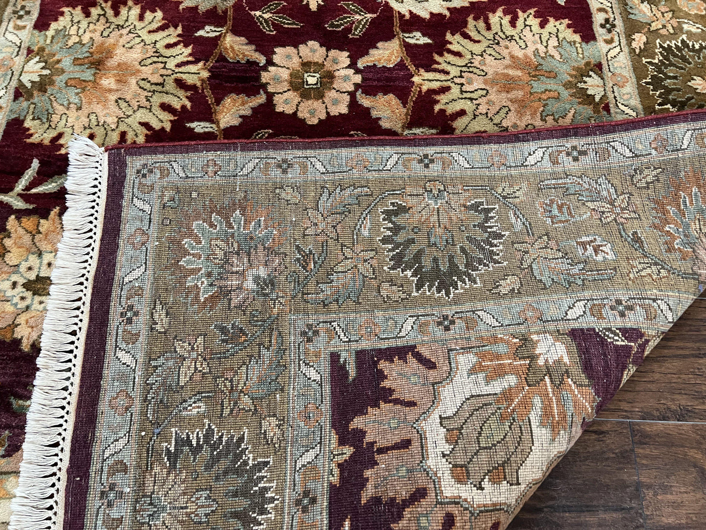 Indo Mahal Rug 6x9, Large Flowers Allover, Maroon and Green, Handmade Wool Area Rug, Vintage Rug, Indian Oriental Carpet, Hand Knotted Rug - Nuvé