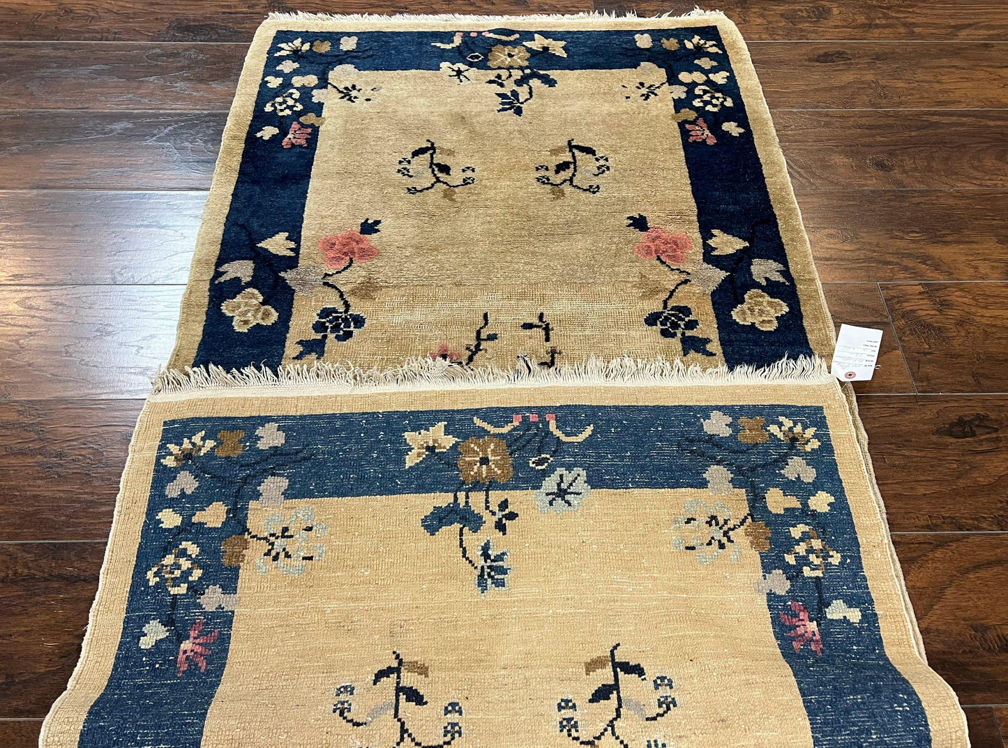 Antique Chinese Peking Rug 3x6, Beige and Dark Blue Hand Knotted Handmade Asian Oriental Carpet, Floral Vases, Vintage Wool Art Deco Rug - Nuvé