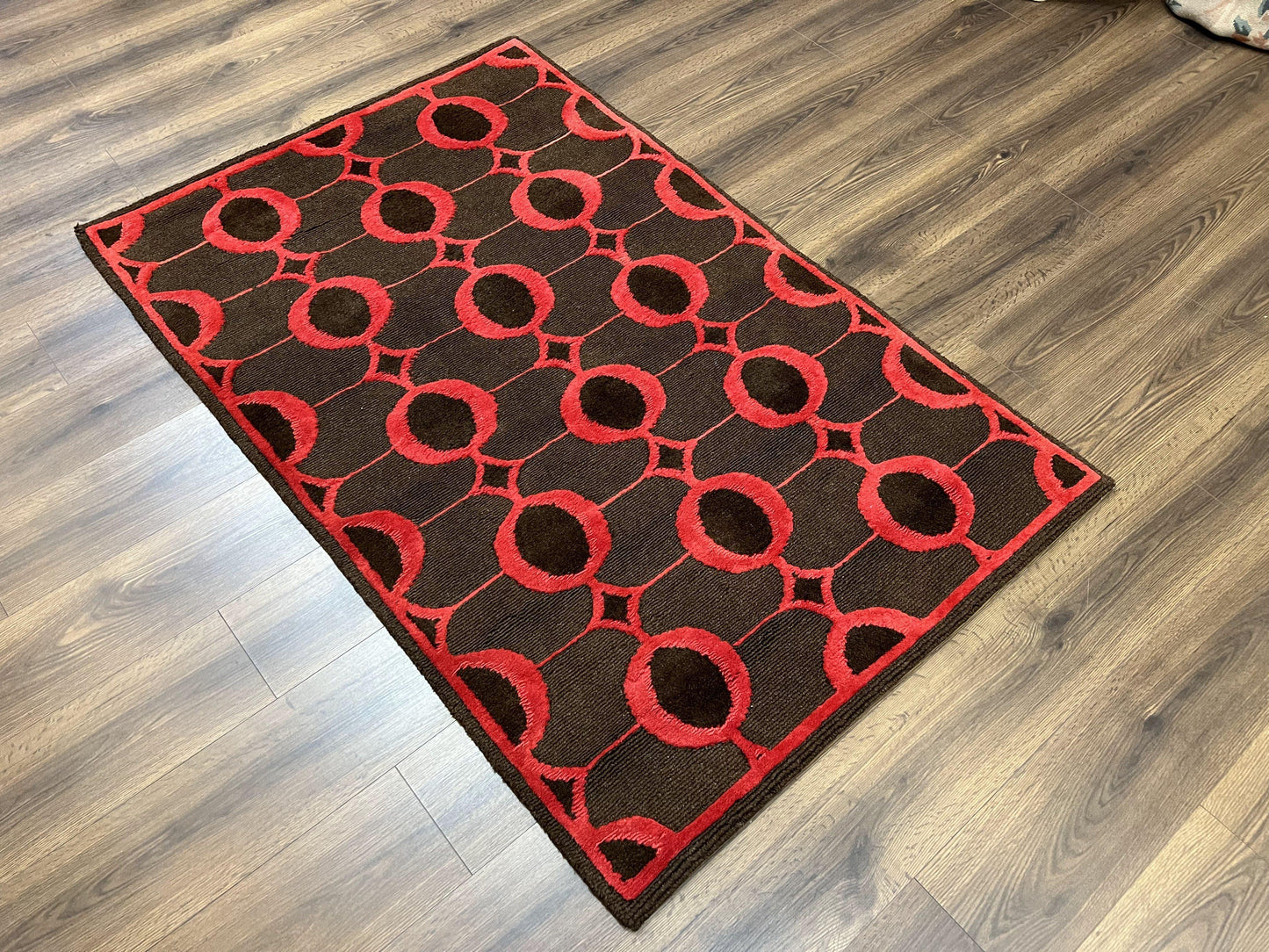 Modern Tibetan Rug 3.8 x 5.7, Raspberry Red and Dark Brown, Abstract Circle Design, Hand Knotted, Soft Wool Handmade Tibet Nepali Carpet 4x6 - Nuvé